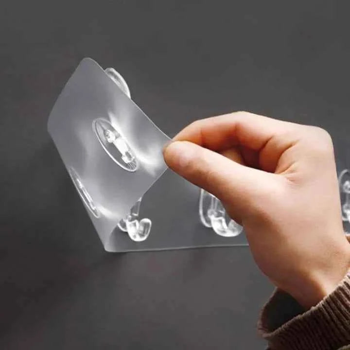 Heavy-Duty Transparent Self-Adhesive Wall Hook Strip (6 Hooks)