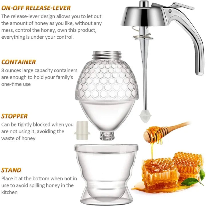 No-Drip Honey Dispenser Jar with Trigger Release Stand