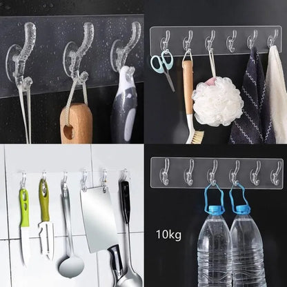 Heavy-Duty Transparent Self-Adhesive Wall Hook Strip (6 Hooks)