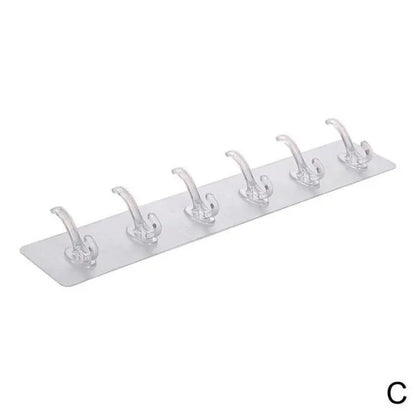 Heavy-Duty Transparent Self-Adhesive Wall Hook Strip (6 Hooks)