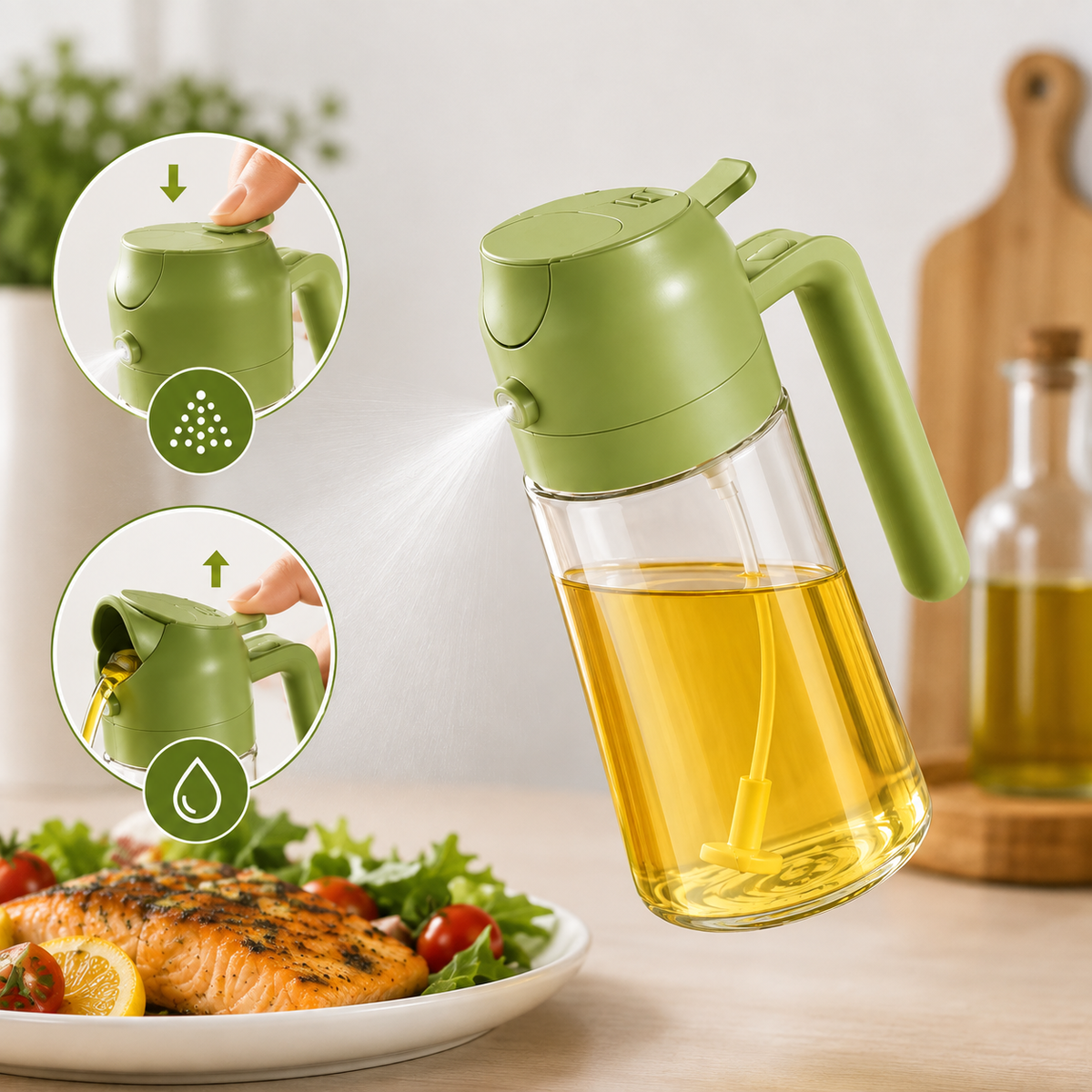 2-in-1 Glass Olive Oil Spray and Dispenser Bottle (470ml) - Homedal