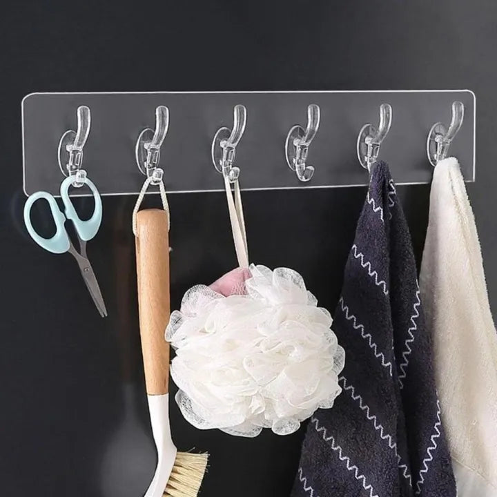 Heavy-Duty Transparent Self-Adhesive Wall Hook Strip (6 Hooks)