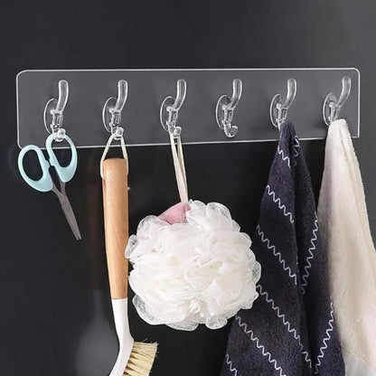 Heavy-Duty Transparent Self-Adhesive Wall Hook Strip (6 Hooks)