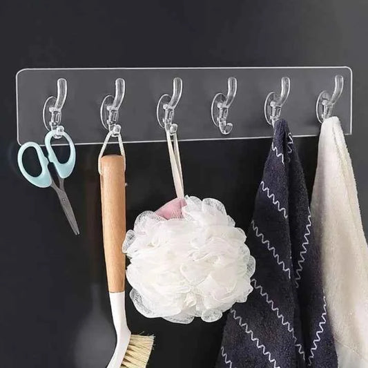 Heavy-Duty Transparent Self-Adhesive Wall Hook Strip (6 Hooks)